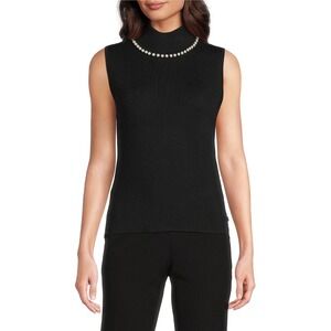 KARL LAGERFELD PARIS Knit Mock Neck Sleeveless Pearl Detail Black Top Size XL